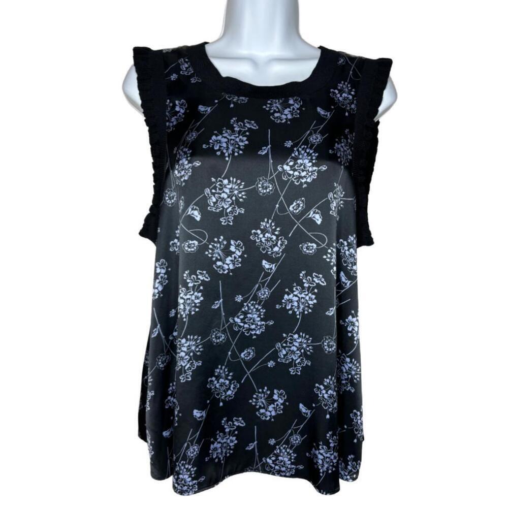 Women's Sz M Black 100% Silk Floral Patterned Top(1609)